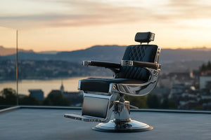 Herrencoiffeur Stuhl von Burhan Amedov auf dem dach mit Zürich, Seefeld im hintergrund